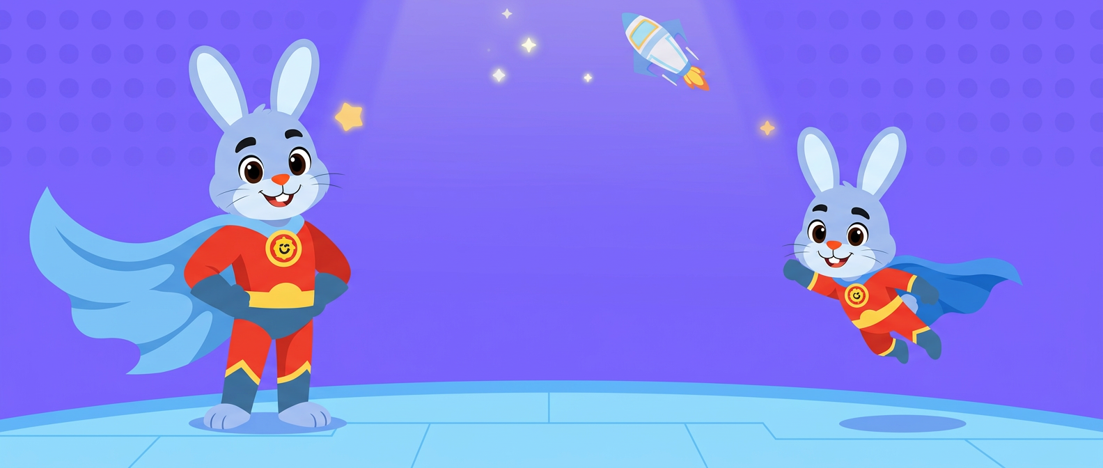 Frank the superhero bunny standing on a glowing stage with a rocket overhead