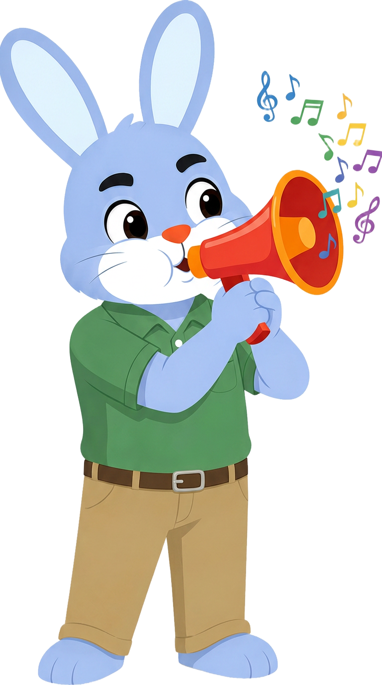 Frank shouting through a megaphone with music notes